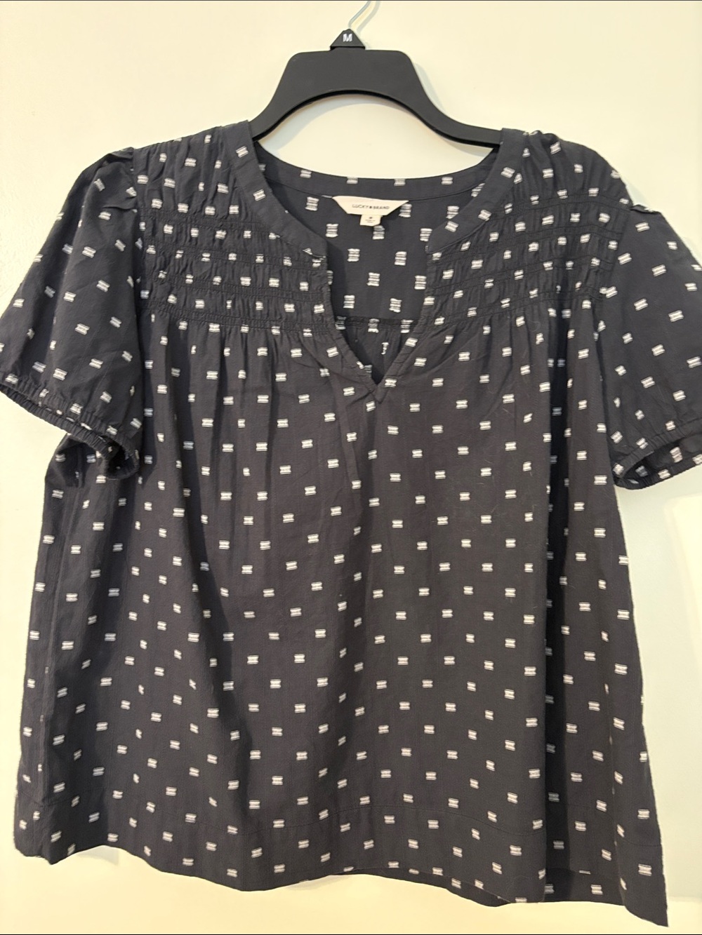 Lucky Brand Navy Short-Sleeve Smocked V-Neck Top with White Dots